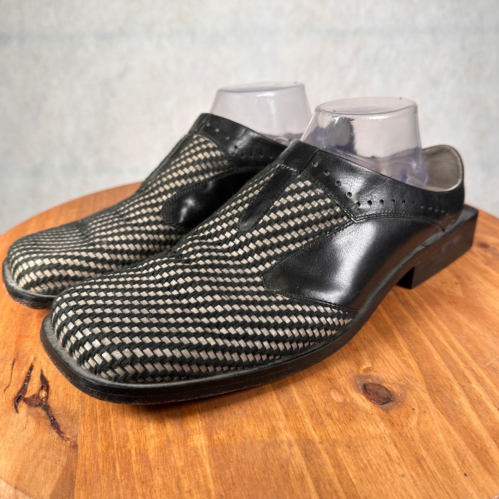 Fratelli Footwear Woven Leather Loafers Mens 9.5 Black Tan Good Square Toe Shoes